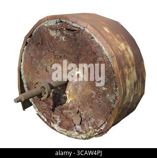 Abandoned old millstone with rusted metal rim as time machine concept. Isolated on white with patch Stock Photo
