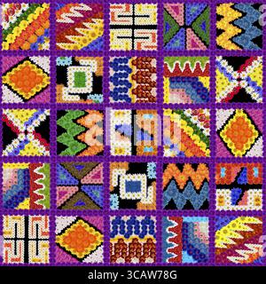 Square carpet rug with naive patterns in style of the American Indians. Handmade collage from summer flowers on black background Stock Photo