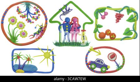 Comic set of collages from plasticine - house, family, car, rest, meal, garden. The concept of modern life. Isolated on white Stock Photo