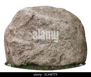 The big ancient mossy granite stone lie on a forest green grass glade. Isolated on white with patch Stock Photo