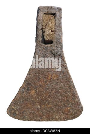 A rusty iron ax was forged by a blacksmith one hundred and fifty years ago. Isolated on white hard sunlight macro image Stock Photo