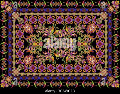 Rug for a prayer in floral Turkish Islamic style. Abstract handmade collage from summer flower on black background Stock Photo