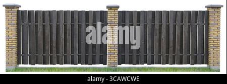 Fence from brown wooden boards. Columns from uneven beaten yellow bricks. The basis is made of concrete. Isolated on white collage Stock Photo