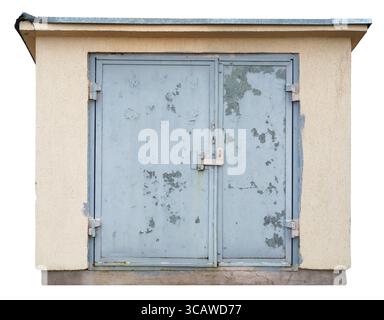 Pink plastered rustic barn with sturdy iron gates and galvanized roof. Isolated on white outdoor oblect Stock Photo
