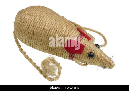 Homemade toy mouse for a cat made of jute rope.m Isolated on white studio macro Stock Photo