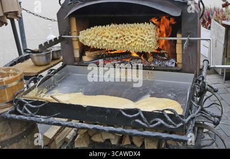 Traditional Lithuanian pie Shakotis baked on an open fire from whipped egg yolks. Outdoor street spring fire time closeup Stock Photo