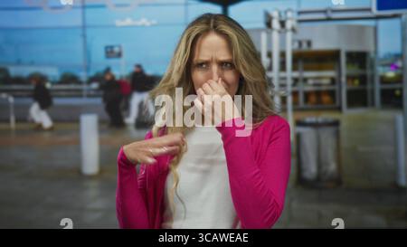 Woman pinches nose in disgust at airport terminal outdoors, as young blonde passenger recoils from bad smell. Stock Photo