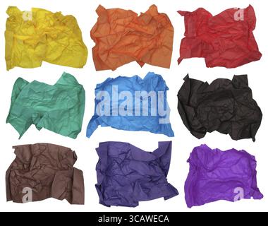 Nine crumpled sheets of cheap friable color paper for origami or children's art collages. Isolated on white Stock Photo