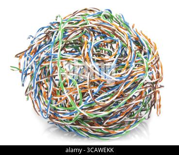 Big ball from a color twisted pair cable for network and internet macro. Isolated on white Stock Photo