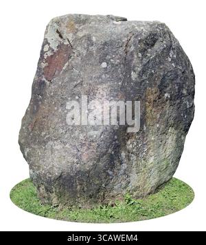 The big ancient mossy granite stone is established vertically on a forest green grass glade. Isolated on white with patch Stock Photo