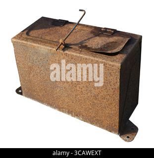 Rusty old closed vintage empty metal box for tools isolated on white Stock Photo