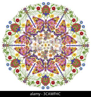 Insects mandala. Butterflies, dragonflies and ladybugs are made of bright summer flowers. Isolated handmade collage Stock Photo