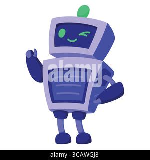 Adorable AI robot character with a winking expression on a solid blue background. friendly artificial intelligence, virtual assistant services Stock Vector
