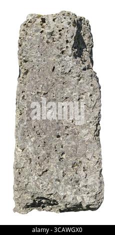 Long vertical monument of rough yellow granite stone. Isolated on white outdoor object ofr sunny summer day Stock Photo