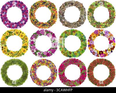 Round simple photo frames from flowers and plants set. Isolated on white abstract handmade collage. All full size images you can find in my portfolio Stock Photo