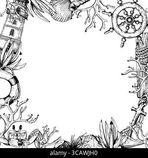 Marine themed frame with a lighthouse, ship wheel, lifebuoy, seashells, anchor, coral, crab. Vector illustration arranged in a hand drawn border Stock Vector
