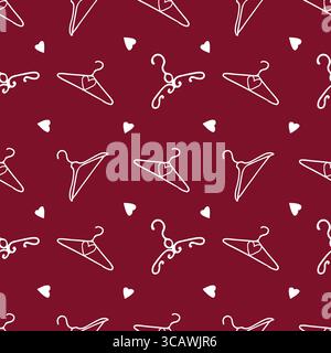Red romantic pattern with clothes hangers and hearts. Pattern for girls on the theme of wedding, love, Valentines Day. White icons on a red background. Vector illustration Stock Vector