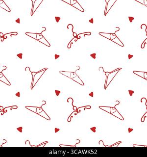 Romantic pattern with clothes hangers and hearts. Pattern for girls on the theme of wedding, love, Valentines Day. Red icons on a white background. Vector illustration Stock Vector