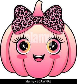 Pink pumpkin with a cute face, glittery eyes, and a fashionable leopard print bow Stock Vector