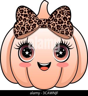 Kawaii pumpkin with a leopard print bow and sparkling big eyes Stock Vector