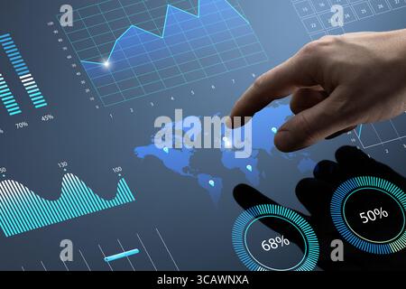 A hand interacts with a digital dashboard displaying analytics, graphs, and global data. The futuristic interface symbolizes business intelligence, bi Stock Photo