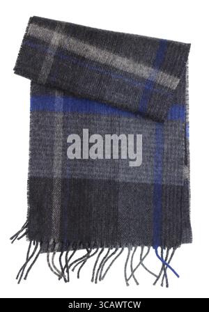 Dark warm woolen winter man's scarf with a fringe of threads. Isolated on white Stock Photo
