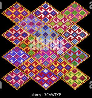 Element of rug with naive patterns in style of the Argentina Indians. Handmade collage from summer flowers isolated on black background Stock Photo