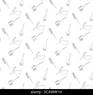 Professional hairdresser colorist tools Hair Salon seamless pattern. Vector graphic line ink illustration. For poster, flyer, banner, invitation, soci Stock Vector