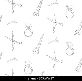 Hair salon and beauty scissors, spray bottle, hair clips Hair Salon seamless pattern. Vector graphic line ink illustration. Banner, poster, wrapping p Stock Vector