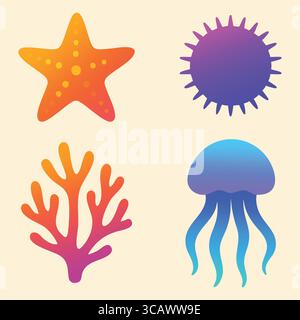 Four colorful gradient icons of a starfish, sea urchin, coral branch, and jellyfish on light background. Stock Vector