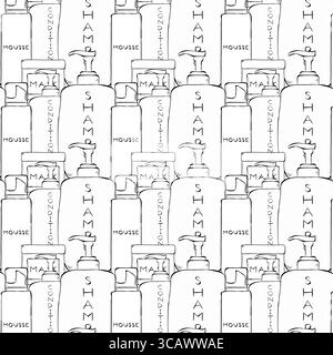 Beauty Products hair cosmetics Hair Salon seamless pattern. Vector graphic line ink illustration. shampoo, conditioner, mask, mousse closeup For poste Stock Vector