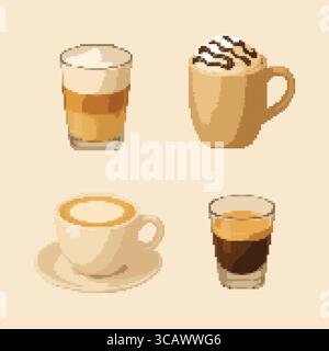 Four warm-toned vector icons of a latte macchiato in glass, cappuccino with foam, espresso shot, and americano cup. Stock Vector
