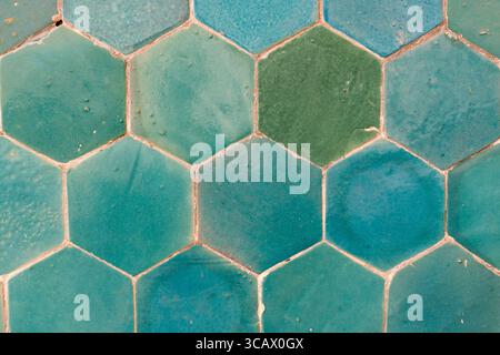 Hexagonal ceramic tiles in turquoise tones, Bukhara, Uzbekistan Stock Photo