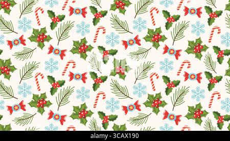 Cute seamless Christmas pattern with berries, fir branches, sweets, and snowflakes in flat cartoon style. Light background makes it ideal for wrapping Stock Vector