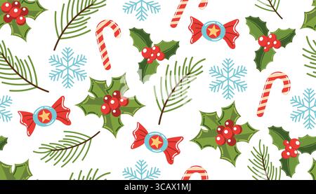 Seamless Christmas pattern with holly berries, spruce branches, candies, candy canes, and snowflakes. Bright cartoon flat style on white background. P Stock Vector