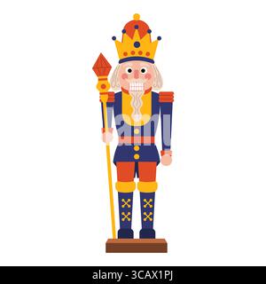 Christmas nutcracker toy king with crown and royal staff in classic costume. Festive cartoon flat style. Perfect for holiday cards, prints, winter dec Stock Vector