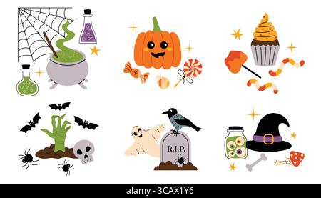 Set of Halloween compositions with pumpkin, cauldron, candies, zombie hand, witch hat, spiders, and more. Fun cartoon flat style. Perfect for spooky d Stock Vector