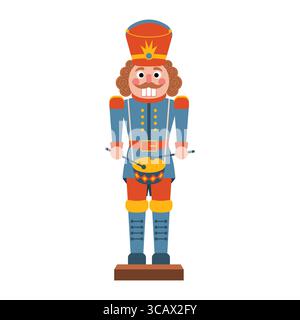 Christmas nutcracker toy soldier with drum in festive uniform. Traditional flat cartoon style. Perfect for holiday cards, decor, prints, packaging, an Stock Vector