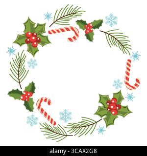 Round Christmas wreath with holly berries, spruce branches, candy canes, and snowflakes. Cute flat cartoon style. Ideal for festive cards, frames, lab Stock Vector