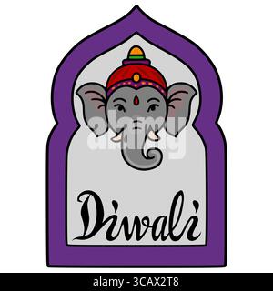 Festive Diwali vector illustration featuring Ganeshas head within an arched frame, adorned with vibrant colors and elegant calligraphy. Stock Vector