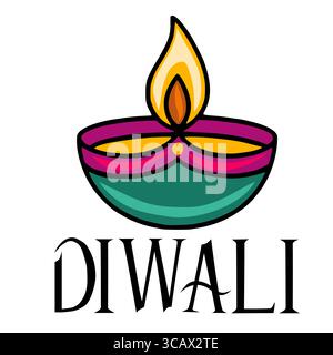 Festive Diwali diya vector illustration, a vibrant teal and magenta oil lamp with a bright flame, perfect for holiday designs and celebrations. Stock Vector