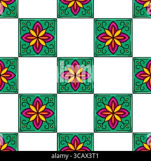 Seamless vector pattern with vibrant teal, magenta, yellow, and red stylized floral motifs arranged in a checkered pattern on a white background, idea Stock Vector