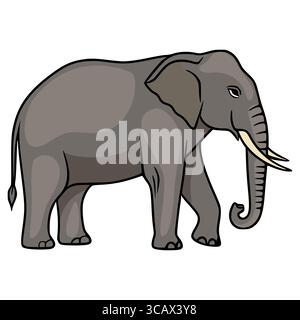 A detailed vector illustration of an Asian elephant, showcasing its distinctive features like large ears, thick legs, and long trunk with ivory tusks, Stock Vector