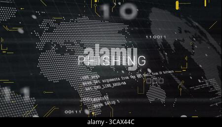 Displaying bold PHISHING text overlaying digital grid, with binary digits and circuit UI Stock Photo