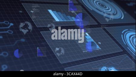 Floating panels displaying bar, pie and line charts, with world map icons in virtual workspace Stock Photo