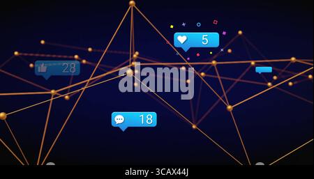 Floating golden nodes and thin lines forming web in virtual space, with blue notification bubbles Stock Photo