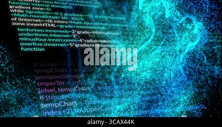 Displaying code and flowing data stream in software workspace, with glowing particles Stock Photo