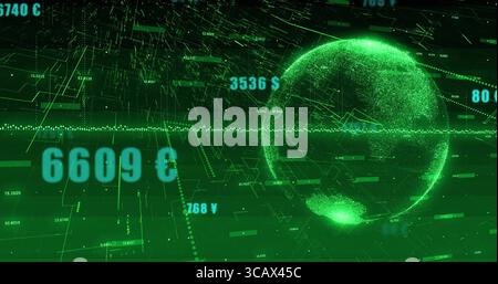 Displaying dashboard streaming numeric data around holographic globe with waveform line, copy space Stock Photo