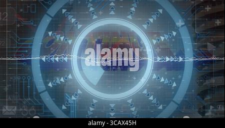 Displaying glowing central circular element within HUD, with triangular arrow icons and waveform Stock Photo