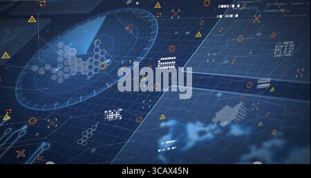 Displaying holographic chart with hex clusters and warning icons over digital grid, copy space Stock Photo